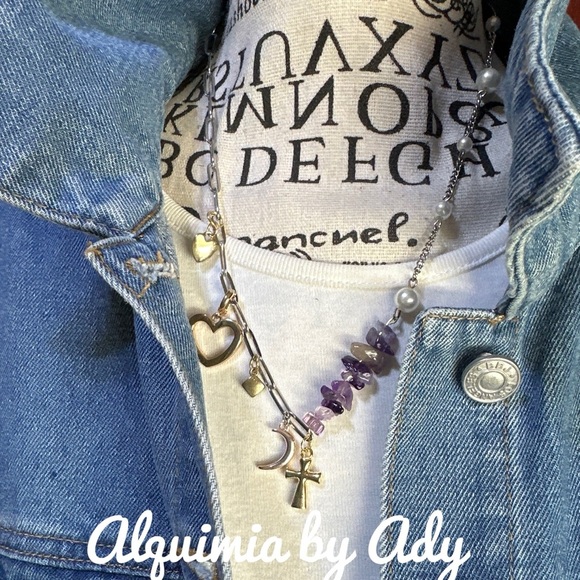 Amethyst and pearls multi charms handmade  necklace - Picture 3 of 3